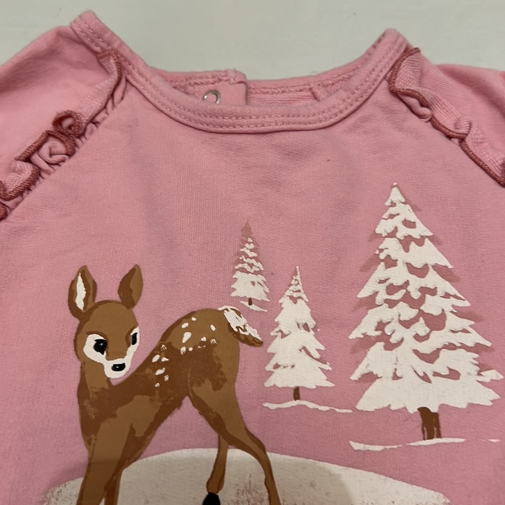 12-18 Peek pink darling long sleeve top,deer, &Christmas trees, ruffle-festive👼 - Picture 3 of 7